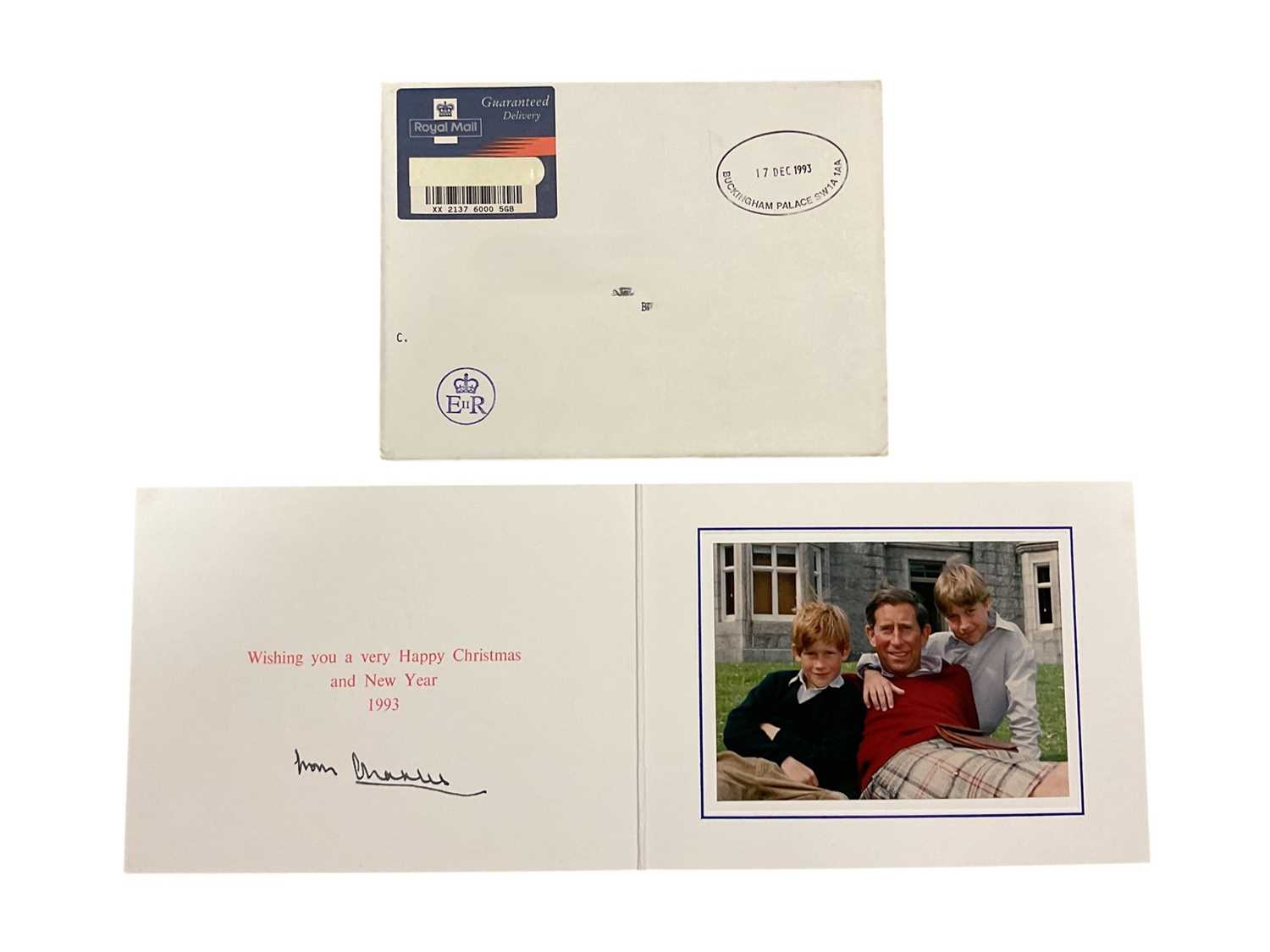 Lot 36 - H.R.H. Prince Charles Prince of Wales (now H.M. King Charles III), signed 1993 Christmas card with gilt Royal cyphers to cover, colour photograph of the relaxed Prince with his two sons in the Hi...