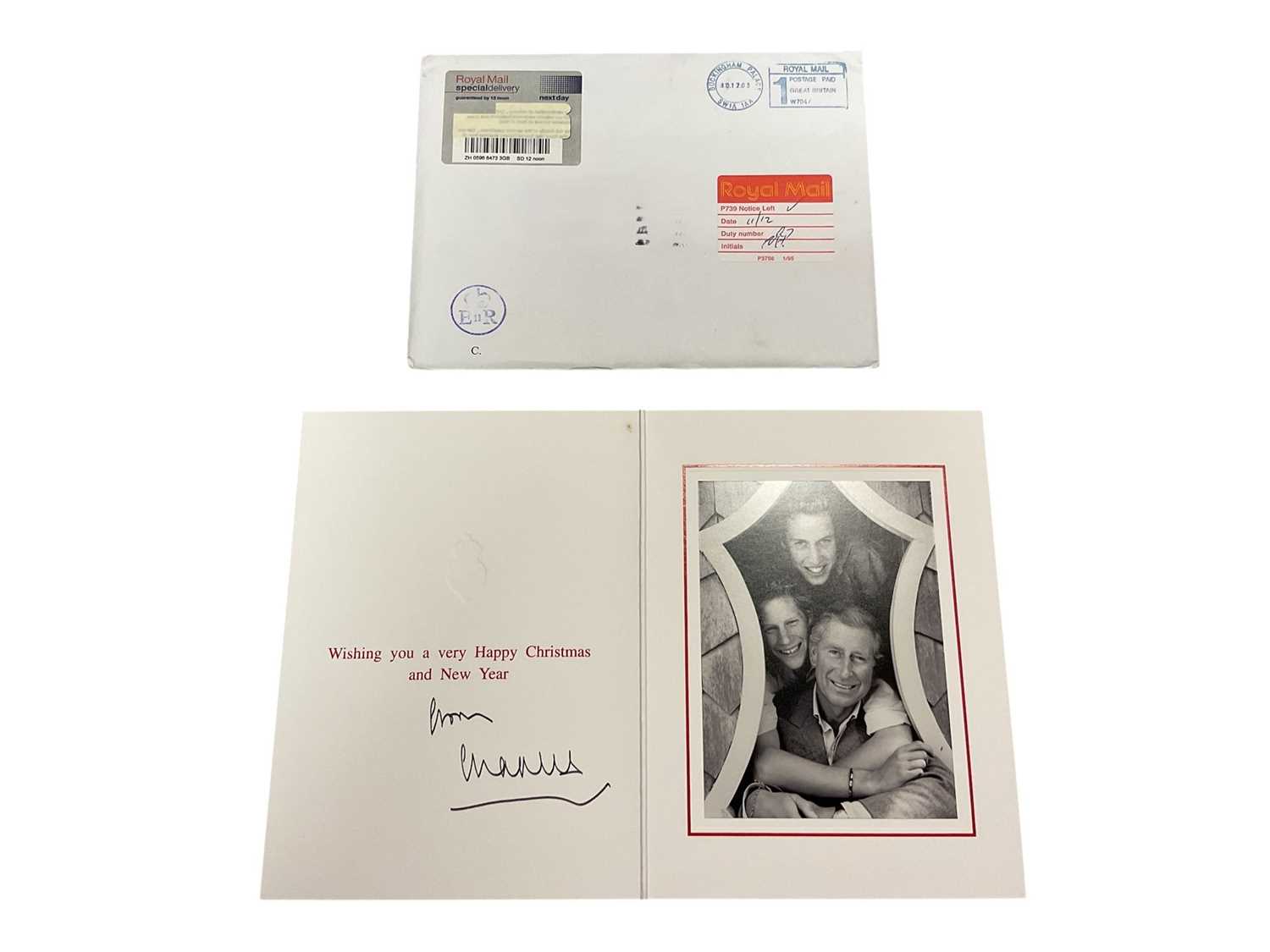 Lot 46 - H.R.H. Prince Charles Prince of Wales (now H.M. King Charles III), signed 2003 Christmas card with gilt Royal cyphers to cover, colour photograph of the relaxed Prince with his two sons in a wind...