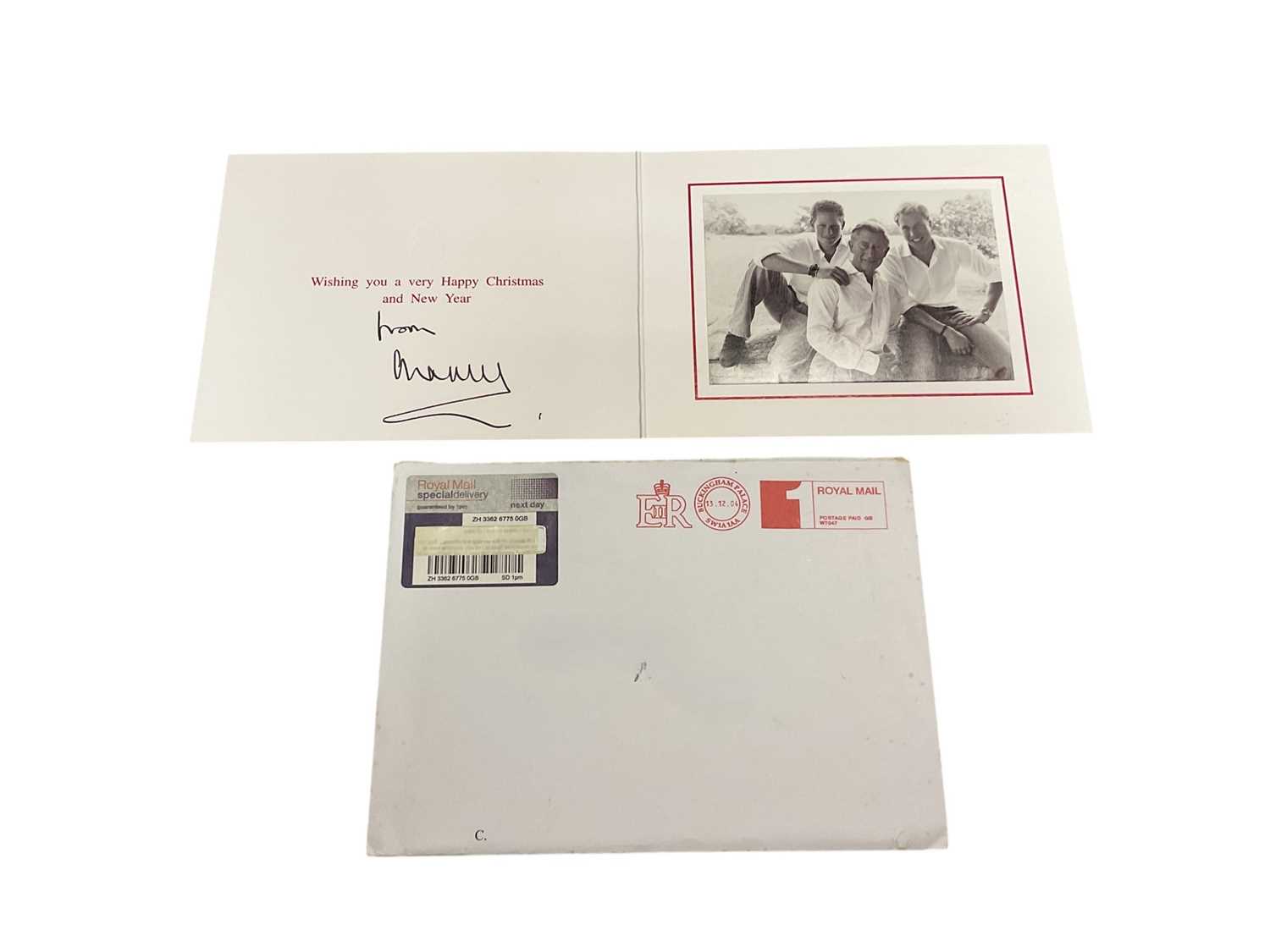 Lot 47 - H.R.H. Prince Charles Prince of Wales (now H.M. King Charles III), signed 2004 Christmas card with gilt Royal cyphers to cover, colour photograph of the relaxed Prince with his two sons wearing w...