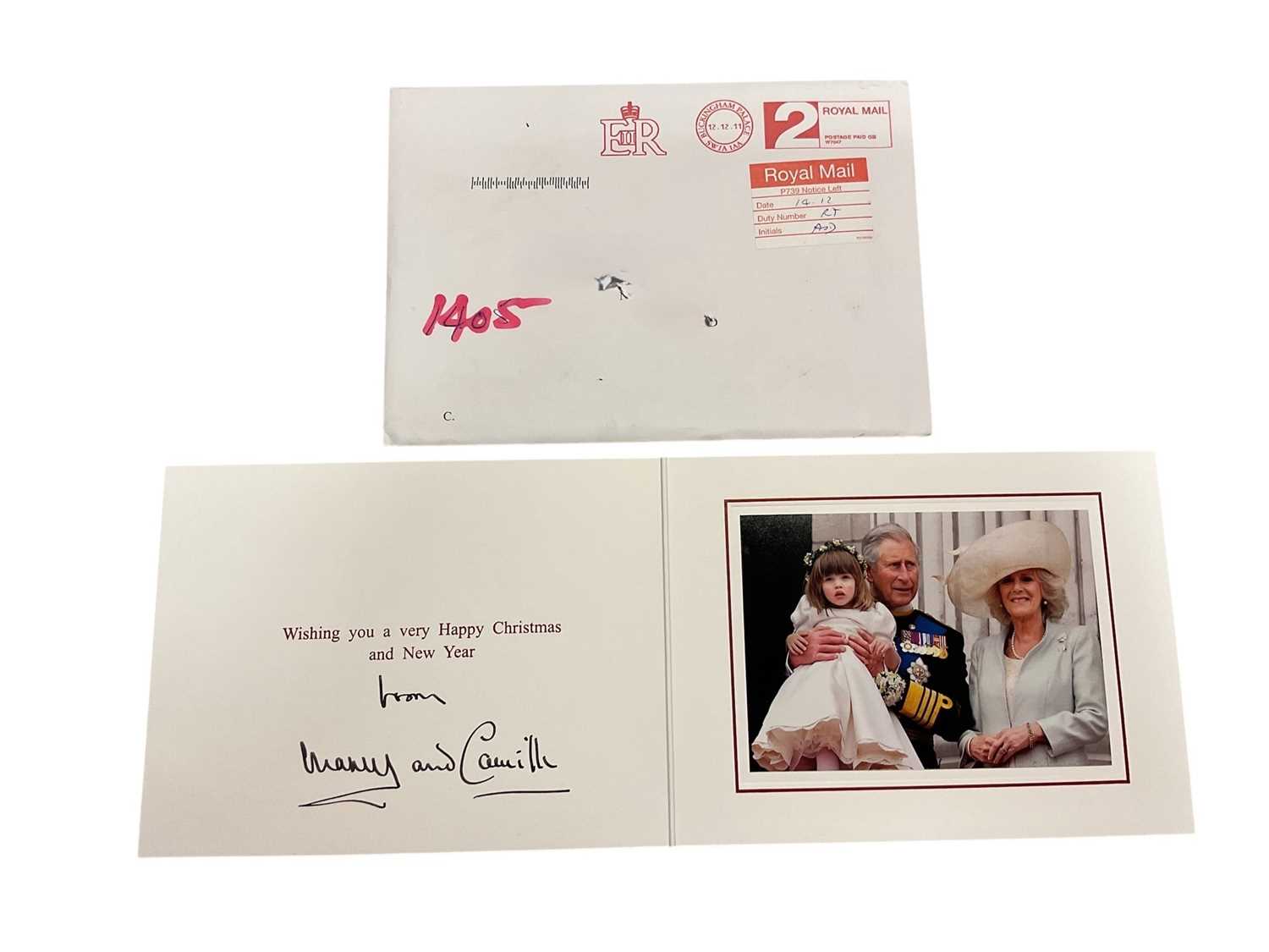 Lot 54 - H.R.H. Prince Charles Prince of Wales (now H.M. King Charles III) and H.R.H. Camilla Duchess of Cornwall (now H.M. Queen Camilla) signed 2011 Christmas card with gilt Royal cyphers to cover, colou...