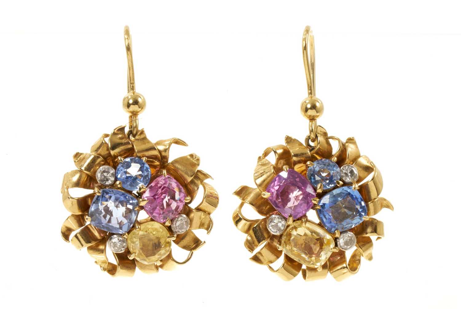 Lot 452 - Pair of 1930s-1950s diamond and multi-coloured sapphire earrings, each with pink, yellow and cornflower blue sapphires