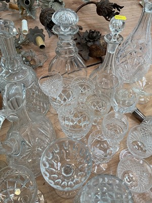 Lot 5052 - Group of antique and later glassware, including 19th century three ring decanter with mushroom stopper, other decanters, Victorian wine glasses, Martini glasses, etc