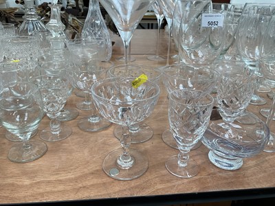 Lot 5052 - Group of antique and later glassware, including 19th century three ring decanter with mushroom stopper, other decanters, Victorian wine glasses, Martini glasses, etc