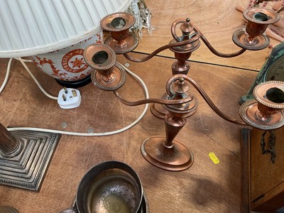 Lot 5056 - Pair of 19th century plated candelabra, a Corinthian column candlestick converted to a lamp, a ceramic lamp and shade, etc