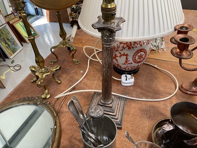Lot 5056 - Pair of 19th century plated candelabra, a Corinthian column candlestick converted to a lamp, a ceramic lamp and shade, etc
