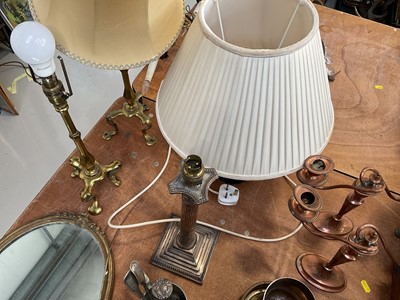 Lot 5056 - Pair of 19th century plated candelabra, a Corinthian column candlestick converted to a lamp, a ceramic lamp and shade, etc