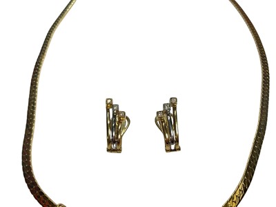 Lot 65 - Gold and diamond three stone necklace, together with a pair of similar style earrings