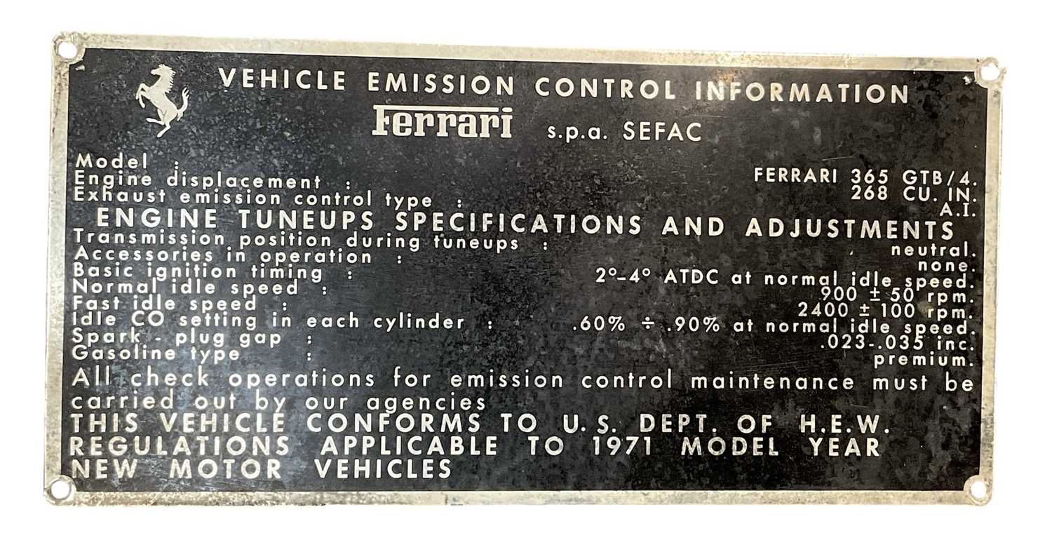 Lot 6 - Original Ferrari 365 GTB Vehicle Emission Control Information plate, 19.5 x 9.5cm