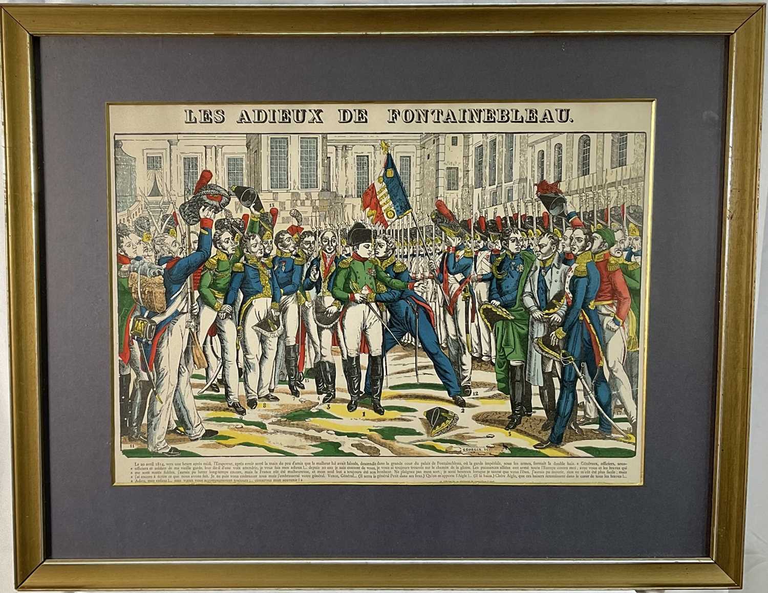 Lot 87 - After Francois Georgin (1801-1863) coloured engraving - 'Les Adieux de Fontainebleau' (Napoleon bids farewell to his Imperial Guard before his first exile April 1814 at Château de Fontainebleau)...