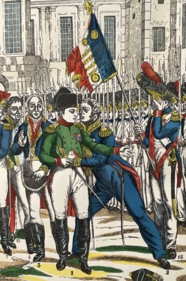 Lot 87 - After Francois Georgin (1801-1863) coloured engraving - 'Les Adieux de Fontainebleau' (Napoleon bids farewell to his Imperial Guard before his first exile April 1814 at Château de Fontainebleau)...