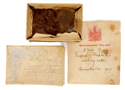 Lot The Wedding of The Princess Elizabeth (later H.M. Queen Elizabeth II) to Prince Philip 1947 piece of wedding cake