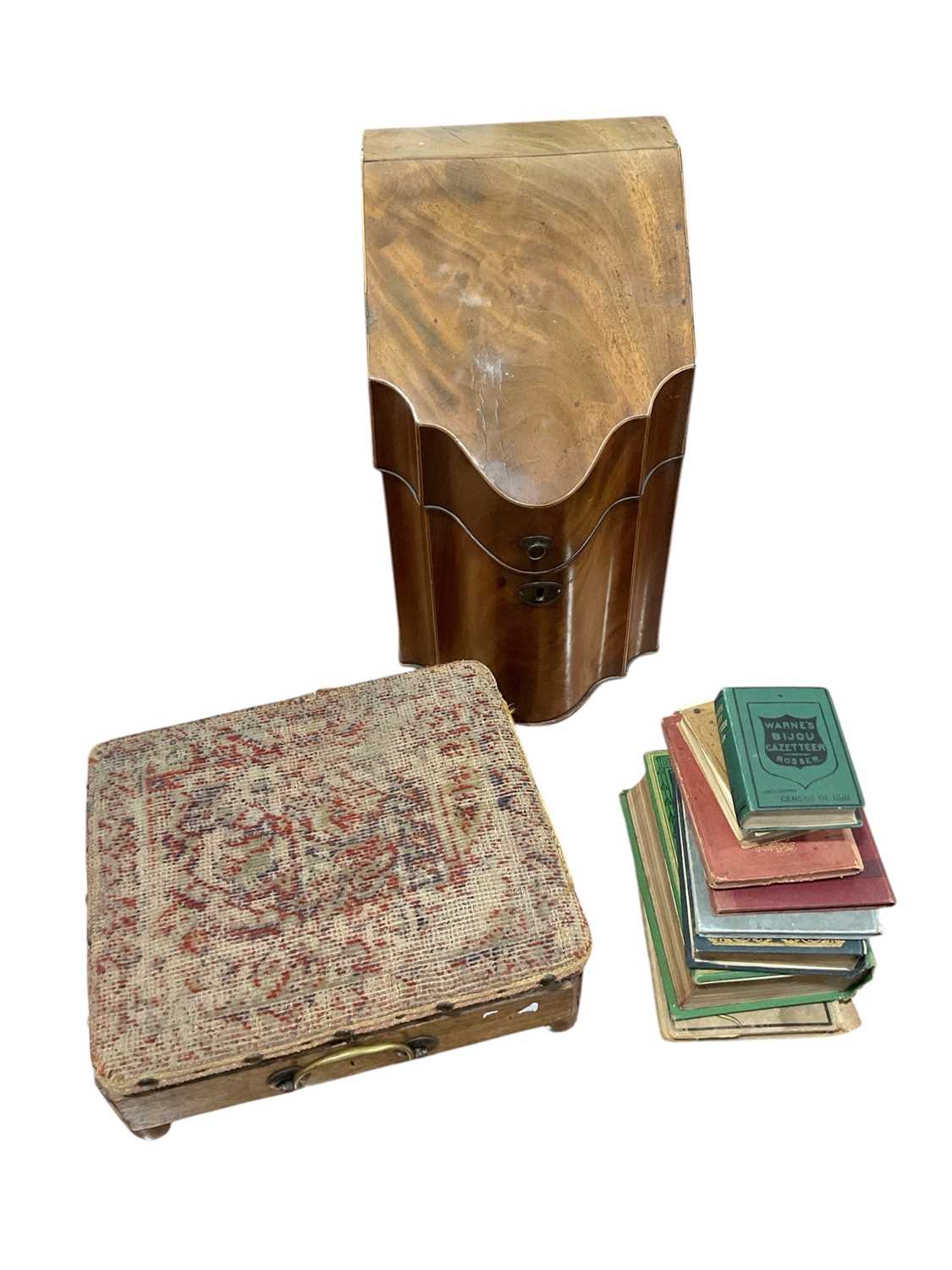 Lot 5089 - George III mahogany knife box, converted to a stationery cabinet, Victorian rosewood carriage warmer with copper flask and assorted antique books