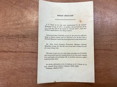 Lot 1216 - Rare 1970’s Disney press release: E.F. Taylor & Co Ltd promotional aid as one of the free gifts in the launch of “Donald Duck”, the new children’s publication in the Disney Market. The promo...
