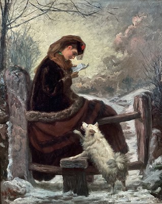 Lot 1137 - Victorian English School oil on canvas - 'A Winter Letter', indistinctly signed and dated, 54cm x 43cm, in gilt frame
