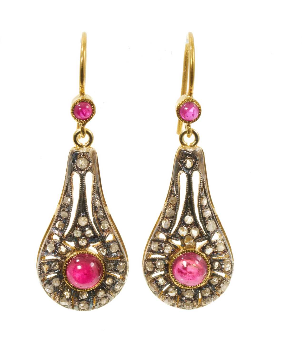 Lot 12 - Pair of Victorian style garnet cabochon and diamond pear shaped pendant drop earrings