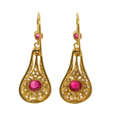 Lot 12 - Pair of Victorian style garnet cabochon and diamond pear shaped pendant drop earrings