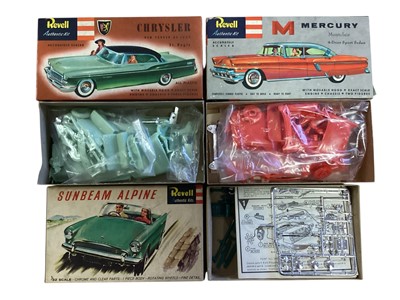 Lot 1858 - Revell Authentic Kit model vehicles including Chevrolet Corvette H-1232:139, Cadillac Eldorado Brougham H-1214:149, 1962 Imperial Crown H-1255:149, White-Fruehauf Gas Truck H-1492, Sumbeam Alpin...