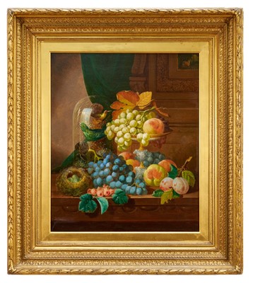 Lot John Wainwright, 1860s oil on canvas - Still Life with Fruit and Birds Nest, signed and dated 1869, 61cm x 51cm, in gilt frame