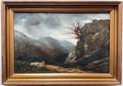 Lot 1259 - 19th century oil on canvas - Figure in a Mountainous Landscape, indistinctly inscribed verso, 44cm x 67cm, in gilt frame