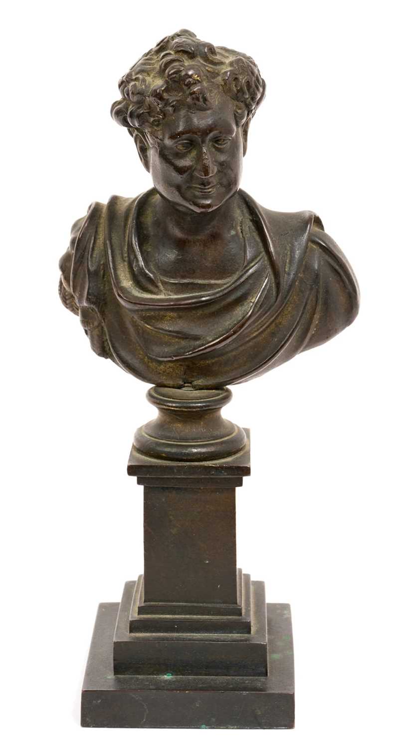 Lot 12 - 19th century bronze bust of King George IV, raised on a stepped square base, 20.5cm in overall height.