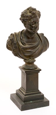 Lot 12 - 19th century bronze bust of King George IV, raised on a stepped square base, 20.5cm in overall height.