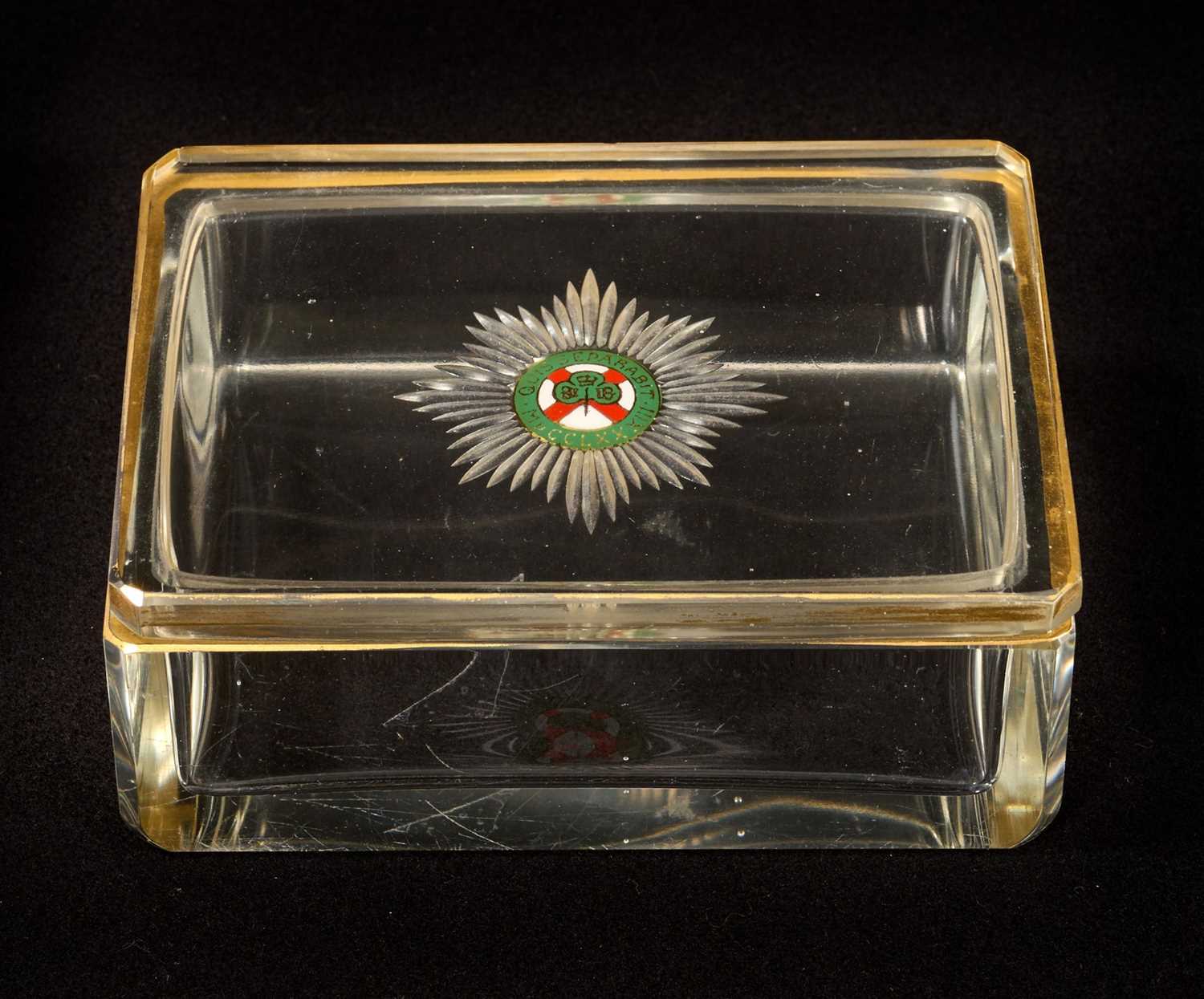 Lot 18 - Fine early 20th century Irish Guards Officers' Mess glass cigarette box.