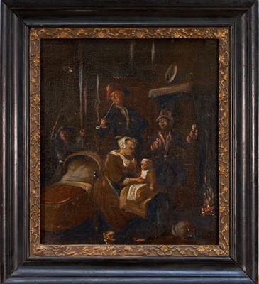 Lot 1158 - Continental School, 18th century, oil on canvas - Family Group in an Interior, 37cm x 32cm, in ebonised frame