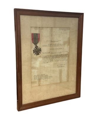 Lot 772 - Second World War French Croix de Guerre medal, mounted in glazed frame, together with citation dated 27th December 1940, presented to Miss Mary Edytha Darby