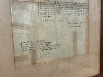 Lot 772 - Second World War French Croix de Guerre medal, mounted in glazed frame, together with citation dated 27th December 1940, presented to Miss Mary Edytha Darby