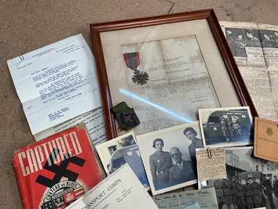 Lot 772 - Second World War French Croix de Guerre medal, mounted in glazed frame, together with citation dated 27th December 1940, presented to Miss Mary Edytha Darby