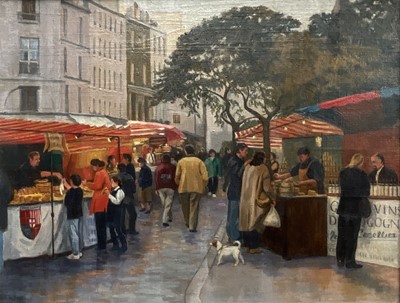 Lot 41 - Rachel Anne Le Bas (1923-2020) oil on canvas - A Paris Street Market, Dusk, Mall Galleries, New English Art Club label verso, 50cm x 65cm, framed