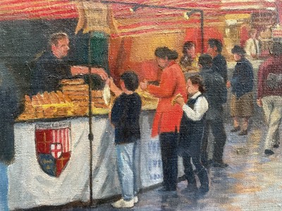 Lot 41 - Rachel Anne Le Bas (1923-2020) oil on canvas - A Paris Street Market, Dusk, Mall Galleries, New English Art Club label verso, 50cm x 65cm, framed