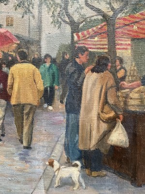 Lot 41 - Rachel Anne Le Bas (1923-2020) oil on canvas - A Paris Street Market, Dusk, Mall Galleries, New English Art Club label verso, 50cm x 65cm, framed