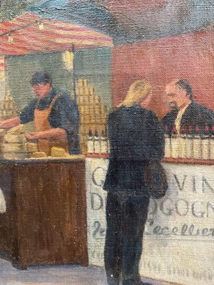 Lot 41 - Rachel Anne Le Bas (1923-2020) oil on canvas - A Paris Street Market, Dusk, Mall Galleries, New English Art Club label verso, 50cm x 65cm, framed