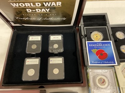 Lot 566 - World - Mixed coinage to include Royal Mint silver coloured proof 50p's, 2020 Winnie The Pooh. Christopher Robin & Piglet (N.B. All cased with Certificates of Authenticity), Jersey silver pr...