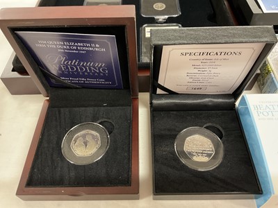 Lot 566 - World - Mixed coinage to include Royal Mint silver coloured proof 50p's, 2020 Winnie The Pooh. Christopher Robin & Piglet (N.B. All cased with Certificates of Authenticity), Jersey silver pr...