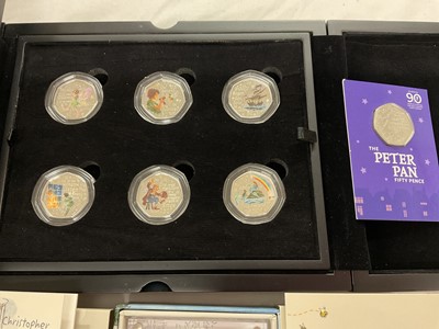 Lot 566 - World - Mixed coinage to include Royal Mint silver coloured proof 50p's, 2020 Winnie The Pooh. Christopher Robin & Piglet (N.B. All cased with Certificates of Authenticity), Jersey silver pr...