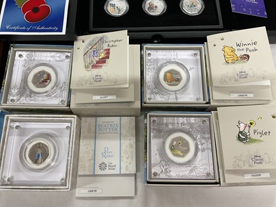 Lot 566 - World - Mixed coinage to include Royal Mint silver coloured proof 50p's, 2020 Winnie The Pooh. Christopher Robin & Piglet (N.B. All cased with Certificates of Authenticity), Jersey silver pr...