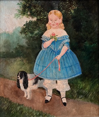Lot 95 - Naive English School, oil on board, Girl holding a posy with pet Spaniel, Framed, 34cm x29cm.