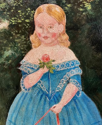 Lot 95 - Naive English School, oil on board, Girl holding a posy with pet Spaniel, Framed, 34cm x29cm.