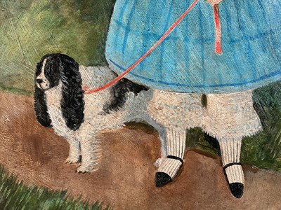 Lot 95 - Naive English School, oil on board, Girl holding a posy with pet Spaniel, Framed, 34cm x29cm.