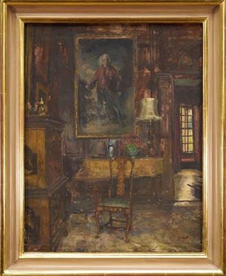 Lot *Peter Kuhfeld (b.1952) oil on canvas - The Saloon, Antony House, Cornwall, signed, titled, dated 1993 and further signed verso, 58cm x 46cm, in gilt frame