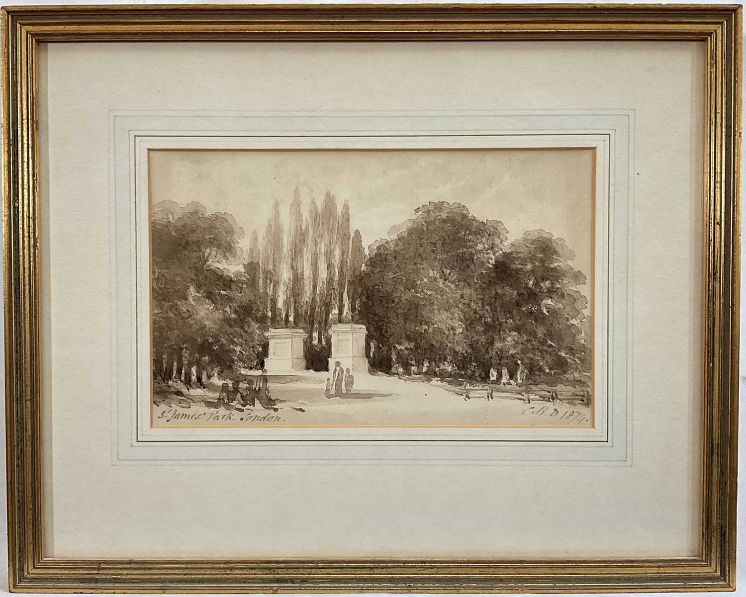 Lot 5112 - Charles Davy (Gloucester Parson) sepia wash study - St James`s Park, London, initialled and dated 1874, in gilt frame, 15cm x 25cm