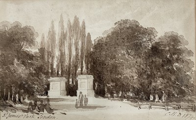 Lot 5112 - Charles Davy (Gloucester Parson) sepia wash study - St James`s Park, London, initialled and dated 1874, in gilt frame, 15cm x 25cm