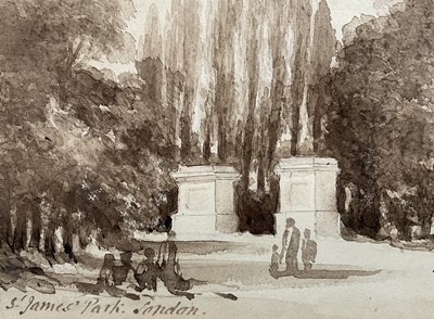 Lot 5112 - Charles Davy (Gloucester Parson) sepia wash study - St James`s Park, London, initialled and dated 1874, in gilt frame, 15cm x 25cm