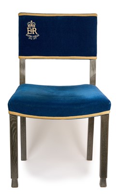 Lot Silver Jubilee commemorative limed oak framed chair with blue velvet upholstery