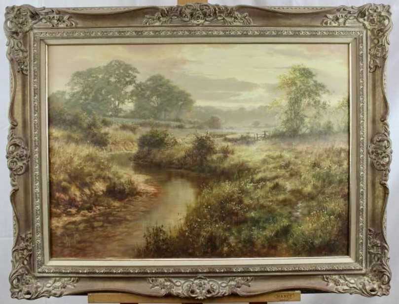Lot 65 - David Dipnall (1941-2023) oil on canvas - river landscape at dusk, signed, in gilt frame, 50cm x 70cm