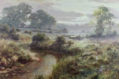 Lot 65 - David Dipnall (1941-2023) oil on canvas - river landscape at dusk, signed, in gilt frame, 50cm x 70cm