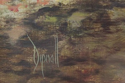 Lot 65 - David Dipnall (1941-2023) oil on canvas - river landscape at dusk, signed, in gilt frame, 50cm x 70cm