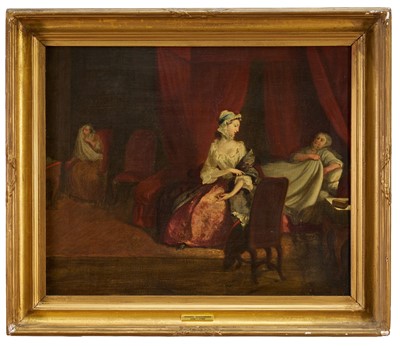 Lot Manner of Joseph Highmore (1692-1782) oil on canvas - a scene from Samuel Richardson's Pamela: 'Pamela in the bedroom with Mrs Jewkes and Mr B’, framed